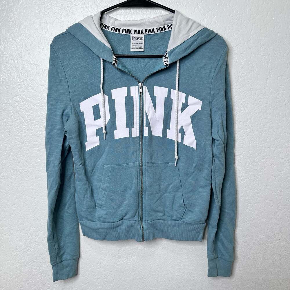 Victoria's Secret PINK XS Full-Zip Hoodie Sweatshirt Teal w/ White Graphic Logo
